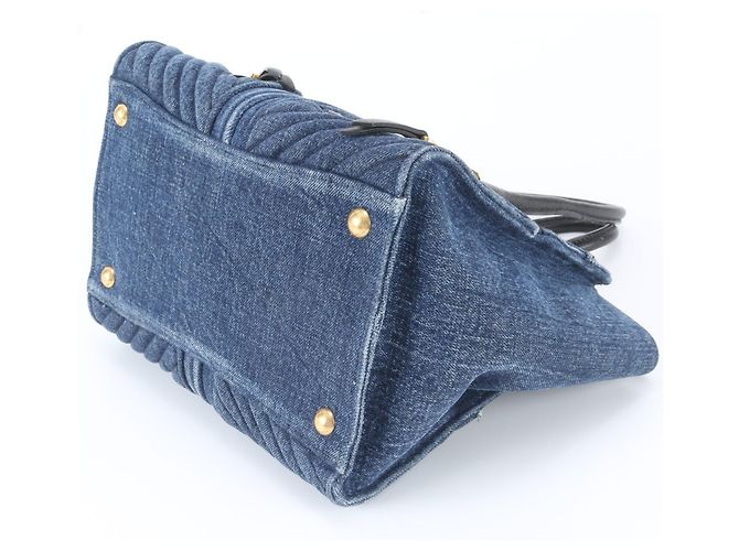 Miu Miu Biker Denim Quilted Leather Handbag Tote Bag RN1032 Nero Blu - vista 4