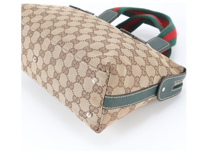 Gucci GG Canvas Sherry Line Horsebit Leder Tote Bag Beige Grün - Ansicht 5