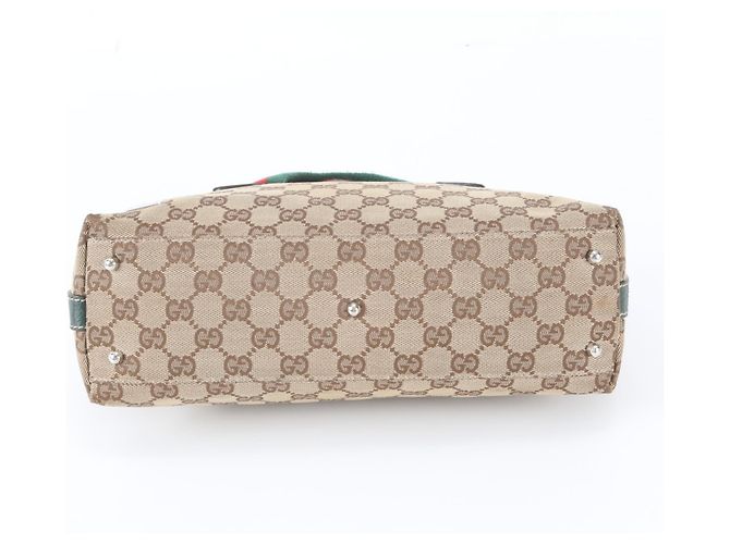 Gucci GG Canvas Sherry Line Horsebit Leder Tote Bag Beige Grün - Ansicht 6