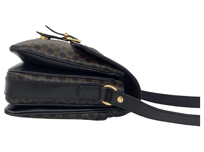 Céline Celine Vintage Macadam Blazon Pattern Triomphe Schultertasche und Beuteltasche aus Leder Braun Schwarz - Ansicht 6