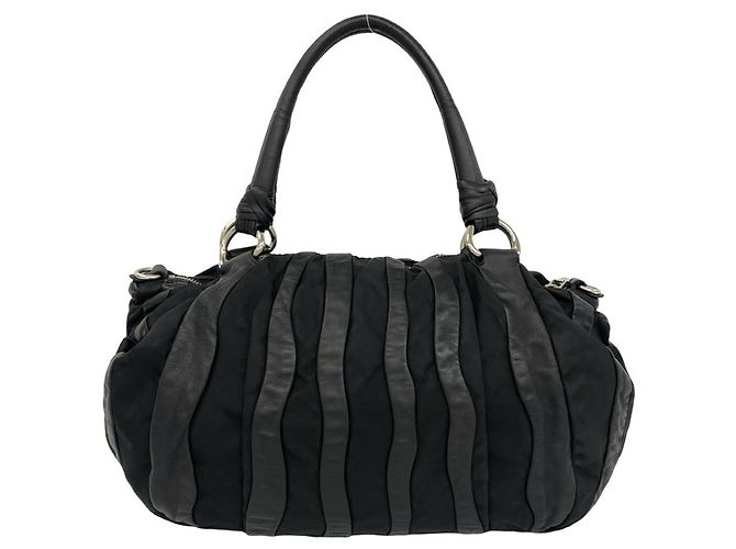 Saco Tote Prada em couro e tecido Tessuto riscado preto - vista 3