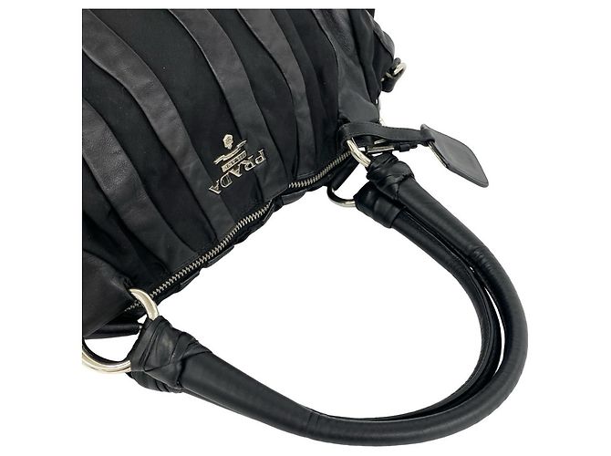 Saco Tote Prada em couro e tecido Tessuto riscado preto - vista 4