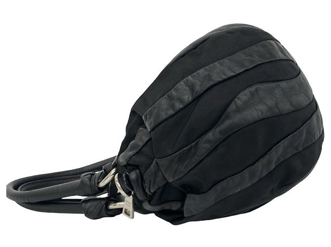 Saco Tote Prada em couro e tecido Tessuto riscado preto - vista 5