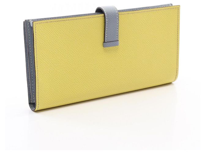 Hermès Portafoglio lungo bi-fold Hermes Bearn Soufflé Blue Lin Giallo - vista 2