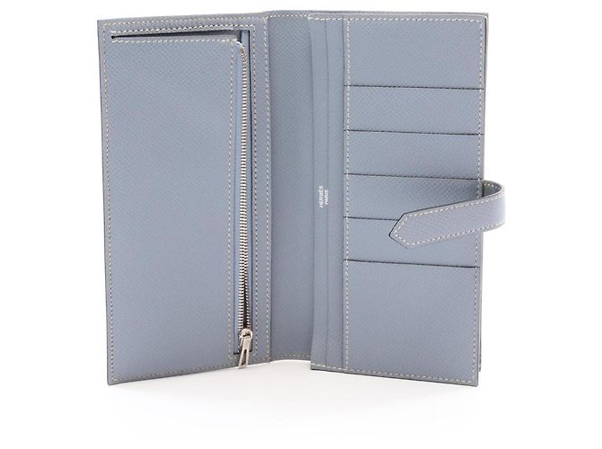 Hermès Portafoglio lungo bi-fold Hermes Bearn Soufflé Blue Lin Giallo - vista 3
