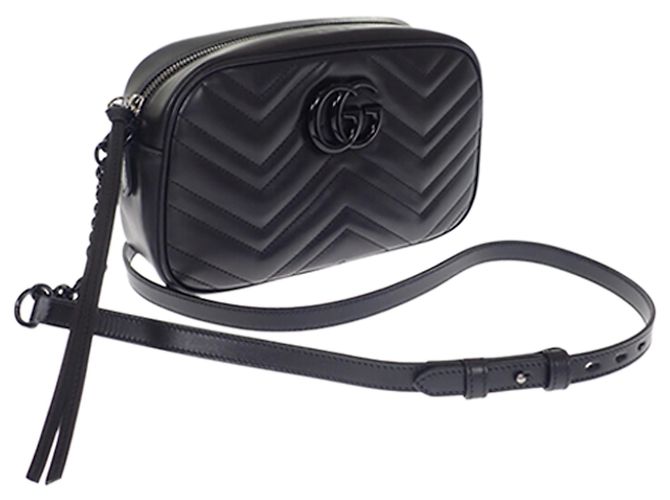 Gucci Mini Borsa a Tracolla Monocromatica in Pelle Matelassé GG Marmont Nera Nero - vista 3