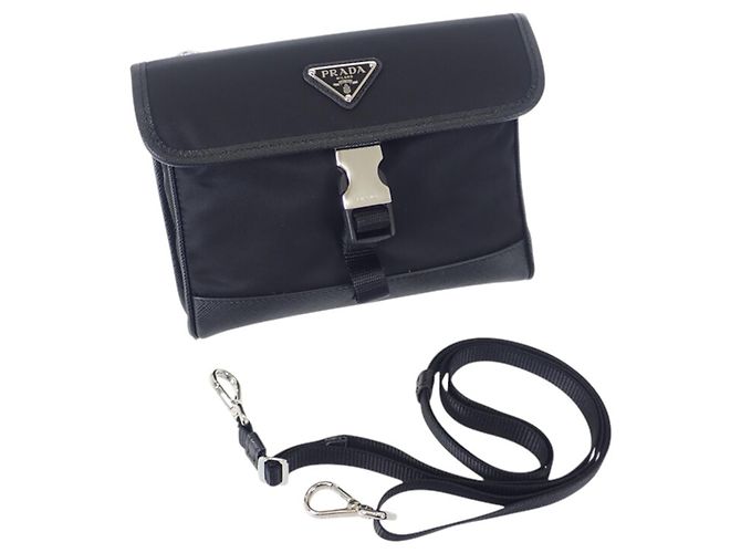 Bolsa Messenger Prada em Tessuto com acabamento em Saffiano preto e fivela - vista 9