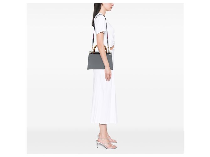 Bamboo Bolsa Satchel Gucci Nymphaea Small em couro de bezerro cinza com Bambu e Web Marrom - vista 6