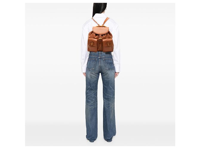 Bamboo Mochila Gucci Large em pele de vitelo castanha com cordão e bambu Marrom - vista 6
