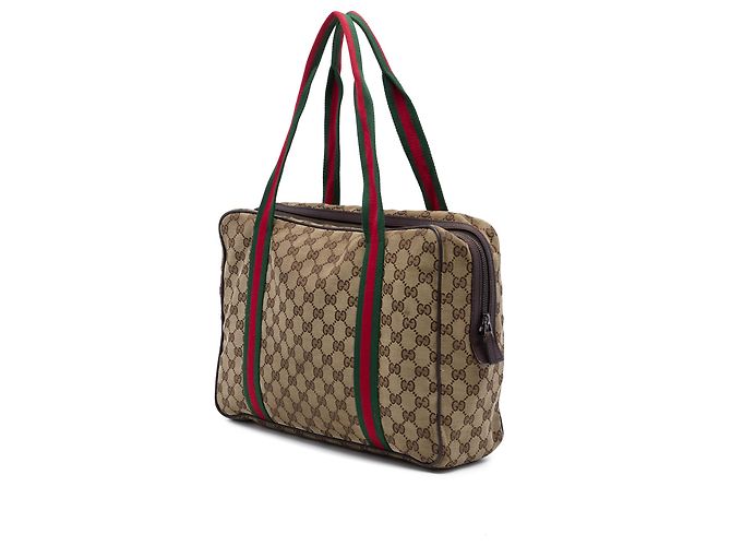 Borsa business Gucci in tela GG beige con banda Web - vista 2