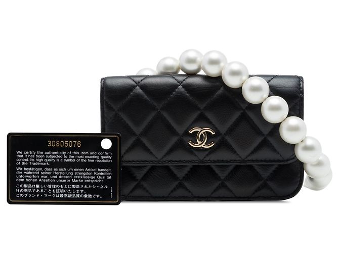 Clutch Chanel in pelle di agnello matelassé nera con Maxi Pearls e catena Nero - vista 7