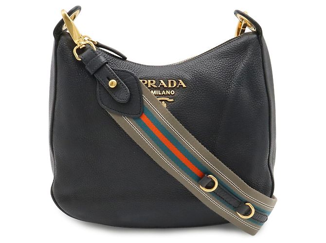 Prada Schultertasche aus gestreiftem Leder Schwarz - Ansicht 2