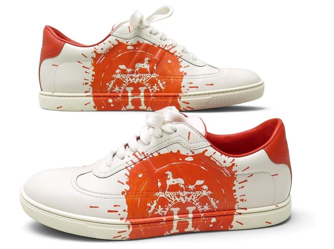 Hermès CHAUSSURES HERMES QUICKER SPLASH ORANGE BLANC CUIR LOGO 40 BASKETS SNEAKERS - vue 3