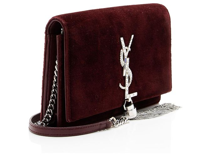 Autre Marque Portafoglio a catena Saint Laurent Kate in velluto con monogramma in cristalli e nappe Rosso - vista 2