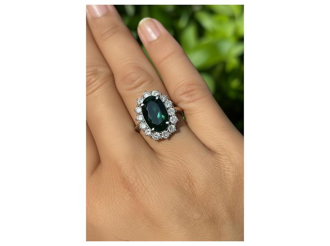 Autre Marque Platin Cocktailring mit grünem Turmalin und Diamanten, 4,60ct Silber Weiß - Ansicht 2