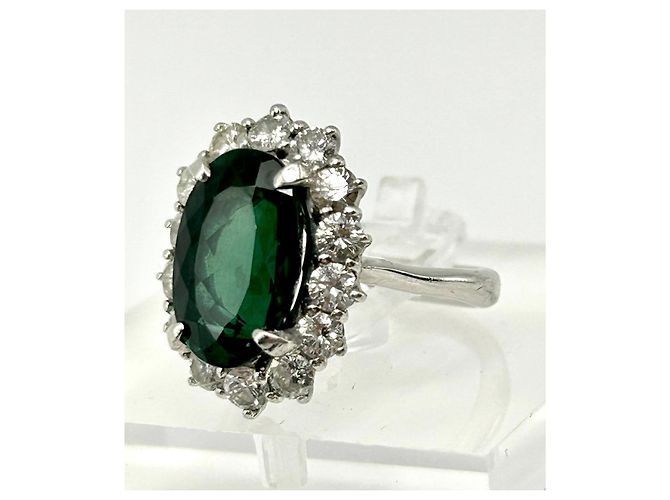 Autre Marque Platin Cocktailring mit grünem Turmalin und Diamanten, 4,60ct Silber Weiß - Ansicht 4