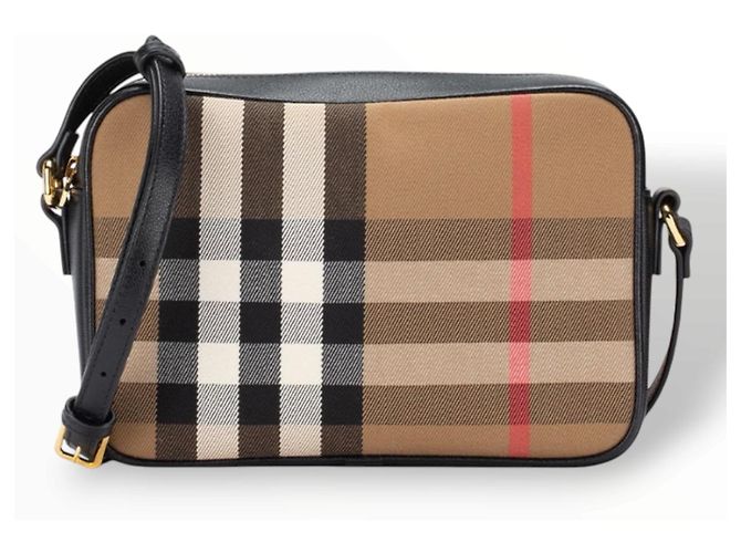 Borsa a tracolla Burberry Haymarket in tela e pelle Nero Multicolore Beige - vista 14