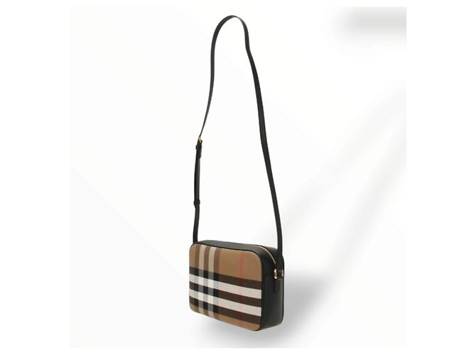 Borsa a tracolla Burberry Haymarket in tela e pelle Nero Multicolore Beige - vista 8