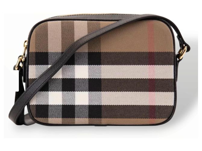Borsa a tracolla Burberry Haymarket in tela e pelle Nero Multicolore Beige - vista 9