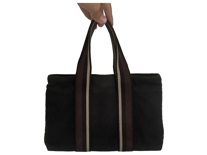 Hermès Borsa tote in tela nera e pelle Marrone Nero - vista 2