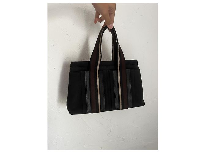 Hermès Borsa tote in tela nera e pelle Marrone Nero - vista 3
