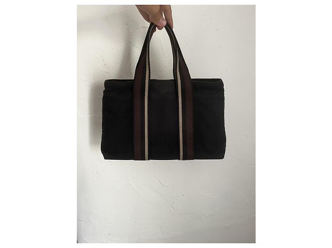 Hermès Borsa tote in tela nera e pelle Marrone Nero - vista 5