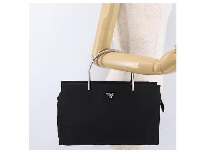 Bolso de mano PRADA con asa de metal Nylon Black Silver Auth 206110A Negro Plata - vista 23