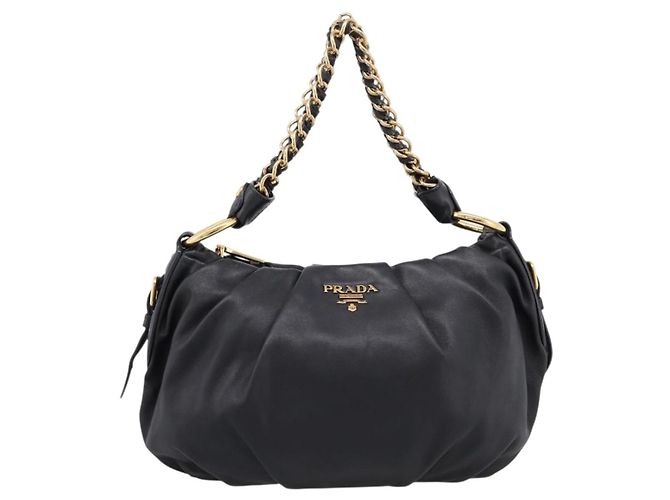 PRADA Schultertasche mit Kette aus Leder Schwarz Gold Auth 205977M Golden - Ansicht 13