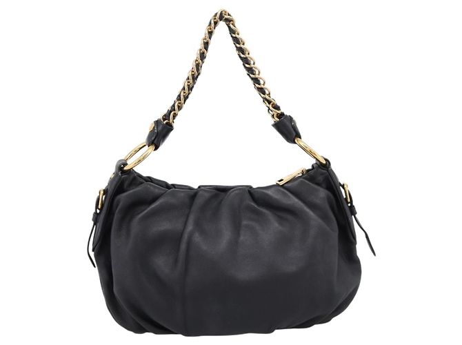 PRADA Schultertasche mit Kette aus Leder Schwarz Gold Auth 205977M Golden - Ansicht 2