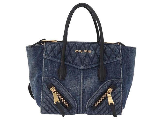 Borsa a Mano Miu Miu Biker Denim 2way Navy Gold Auth 206083V D'oro Blu navy - vista 13