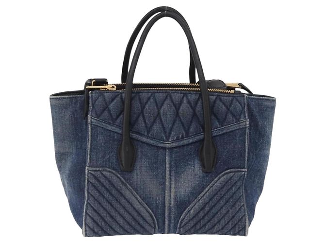 Borsa a Mano Miu Miu Biker Denim 2way Navy Gold Auth 206083V D'oro Blu navy - vista 2