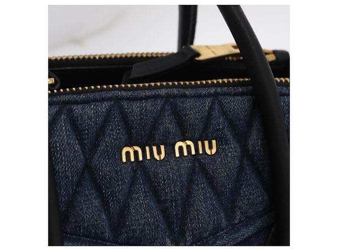 Borsa a Mano Miu Miu Biker Denim 2way Navy Gold Auth 206083V D'oro Blu navy - vista 21