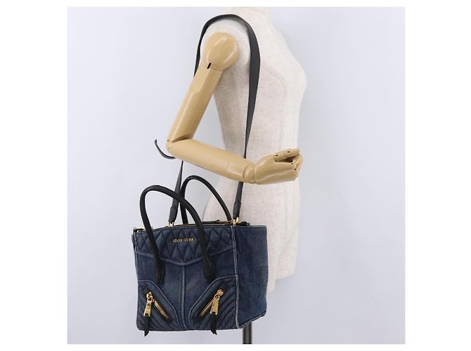 Borsa a Mano Miu Miu Biker Denim 2way Navy Gold Auth 206083V D'oro Blu navy - vista 29