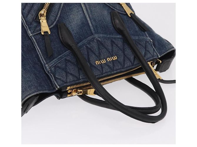 Borsa a Mano Miu Miu Biker Denim 2way Navy Gold Auth 206083V D'oro Blu navy - vista 7