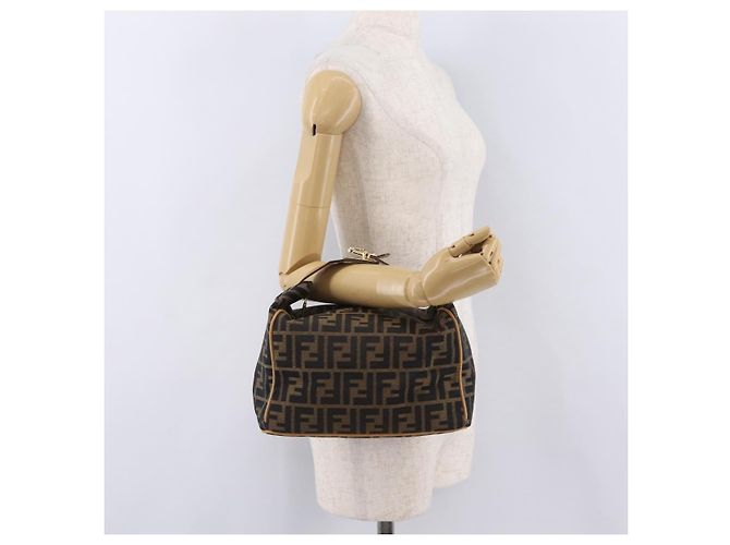 Bolsa de Mão Vanity FENDI Zucca Canvas Preta Castanha Auth 206127V Marrom Preto - vista 29