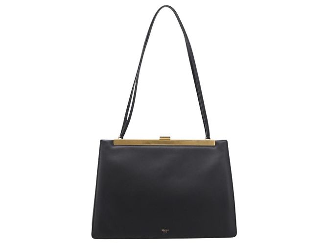 Céline CELINE Soft Clasp Medium Shoulder Bag Leather Black Gold Tone Auth mr3051SM Schwarz - Ansicht 13