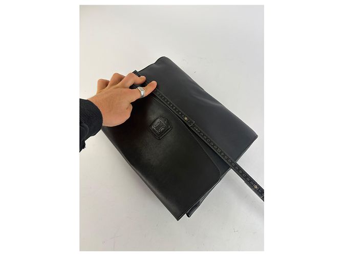 Céline Vintage Celine Triomphe Leder-Klappclutch c. 1992 Schwarz - Ansicht 10
