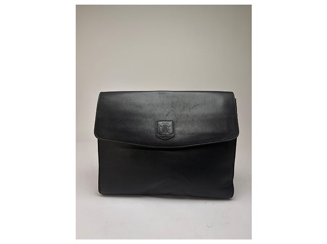 Céline Vintage Celine Triomphe Leder-Klappclutch c. 1992 Schwarz - Ansicht 14