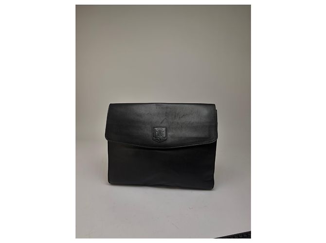 Céline Vintage Celine Triomphe Leder-Klappclutch c. 1992 Schwarz - Ansicht 9