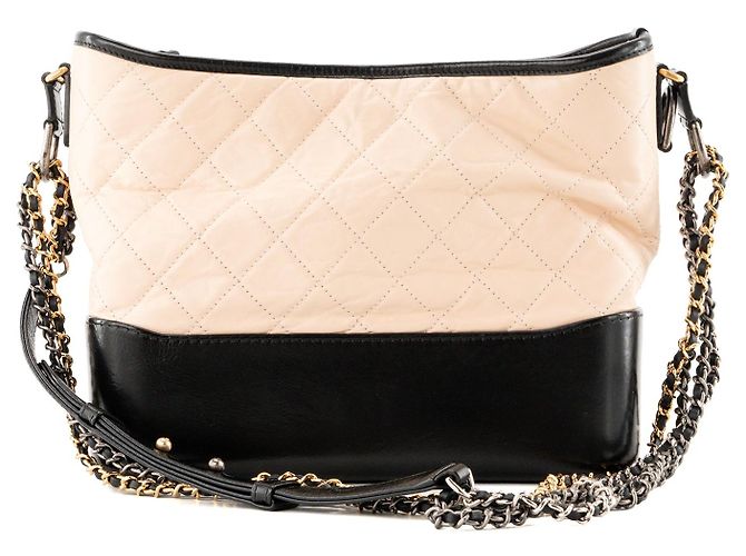 CHANEL - Borsa a tracolla Gabrielle Large in pelle stropicciata beige e pelle liscia nera - vista 3