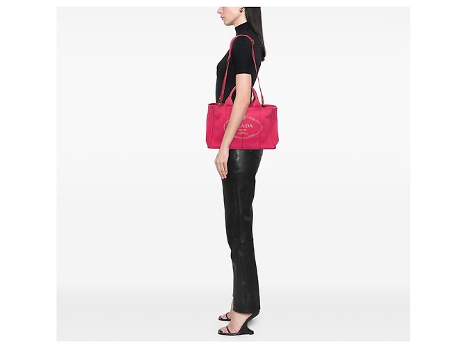 Borsa Tote Satchel Prada Canvas Canapa Logo Rosa - vista 8