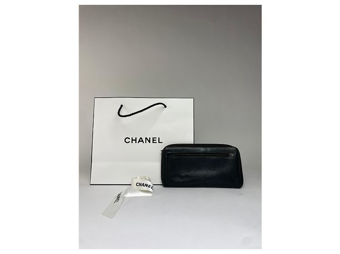 Vintage Chanel Pebbled Leather Zip Wallet Black Silver - view 2