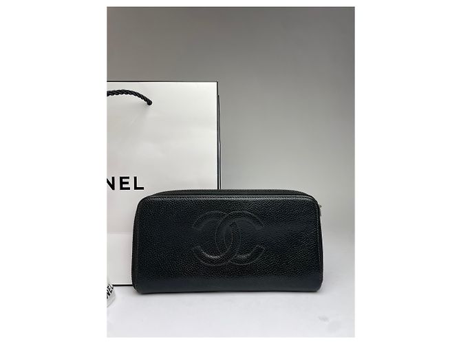 Vintage Chanel Pebbled Leather Zip Wallet Black Silver - view 9