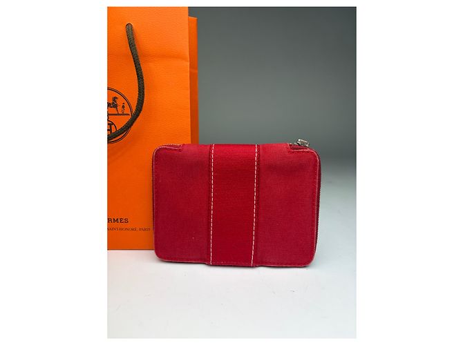 Vintage Hermès Canvas Zip Wallet Red Silver - view 6