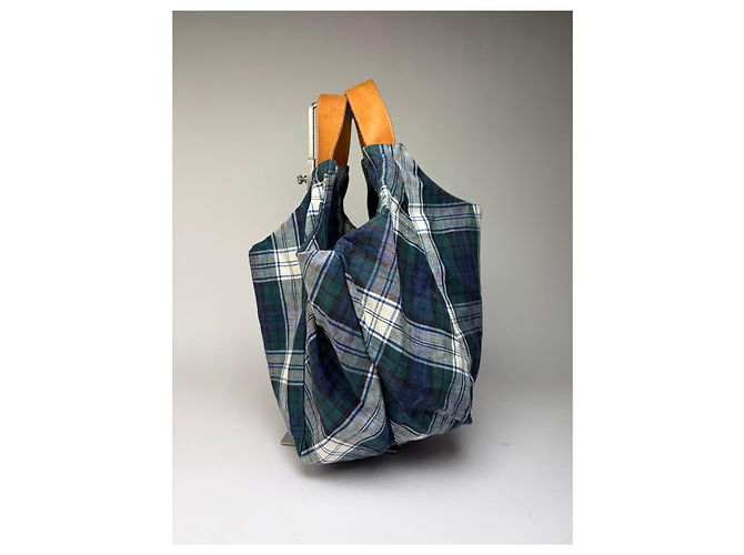 Comme Des Garcons Tote bag vintage Comme des Garçons in lino a quadri verde blu - vista 7