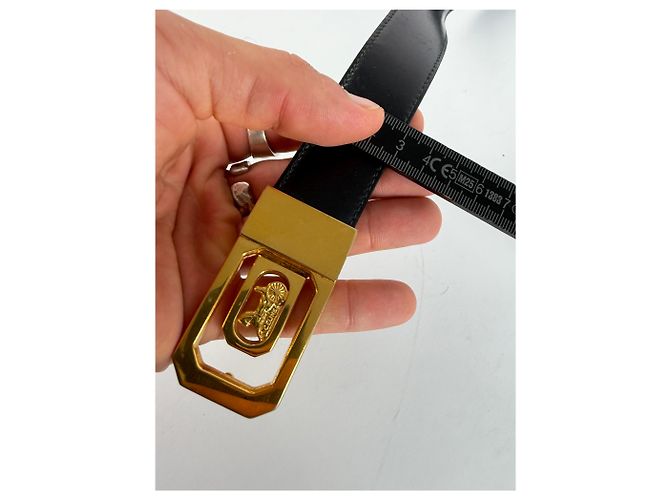 Céline Vintage Celine Carriage Logo Leather Belt Black Gold c. 1980s - view 10