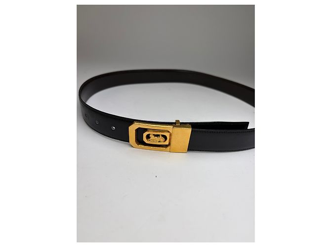 Céline Vintage Celine Carriage Logo Leather Belt Black Gold c. 1980s - view 2