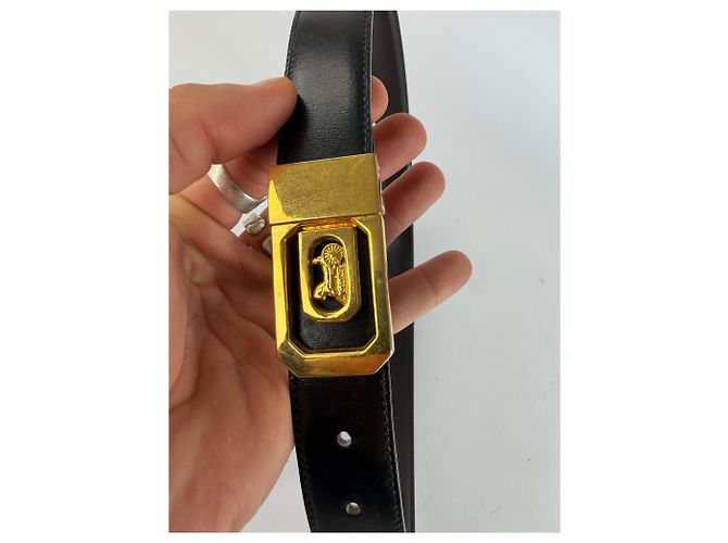 Céline Vintage Celine Carriage Logo Leather Belt Black Gold c. 1980s - view 3