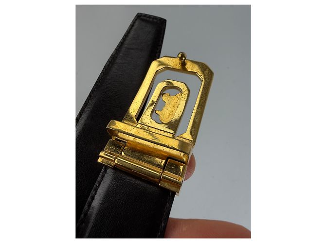Céline Vintage Celine Carriage Logo Leather Belt Black Gold c. 1980s - view 4