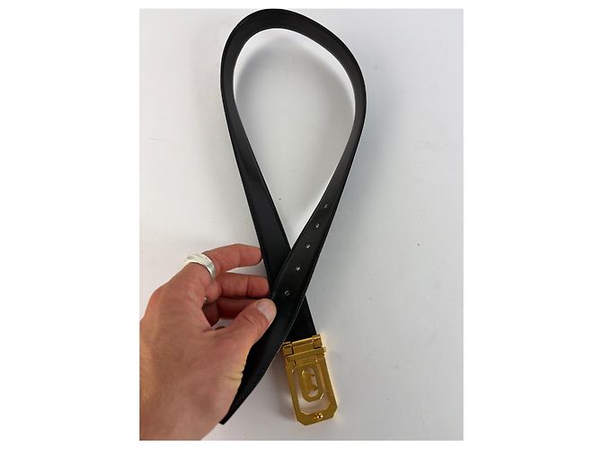 Céline Vintage Celine Carriage Logo Leather Belt Black Gold c. 1980s - view 8